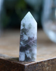 Rainbow fluorite tower with calcite snowflakes 9