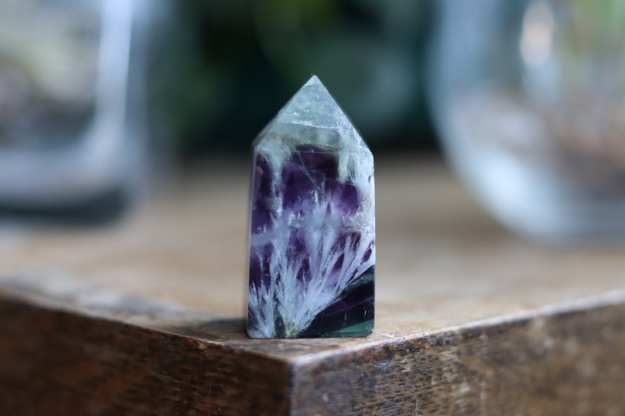 Rainbow fluorite tower with calcite snowflakes 7