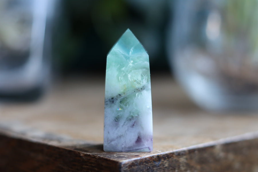 Rainbow fluorite tower with calcite snowflakes 8 new