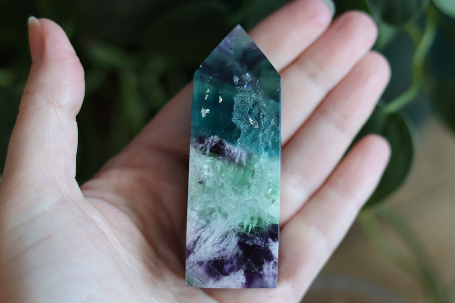 Rainbow fluorite tower with calcite snowflakes 13 new