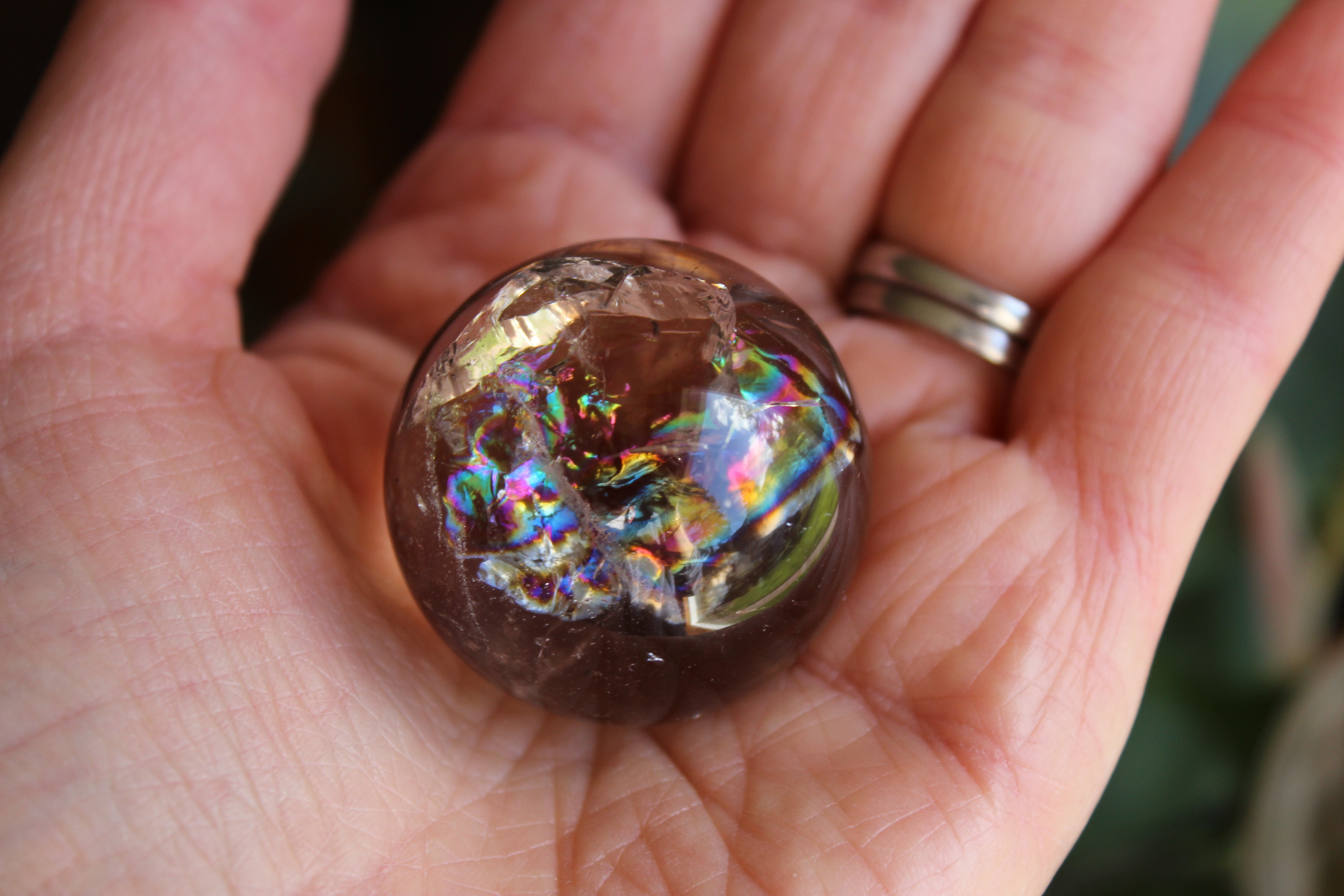 Smoky quartz sphere with rainbow inclusions 2, new