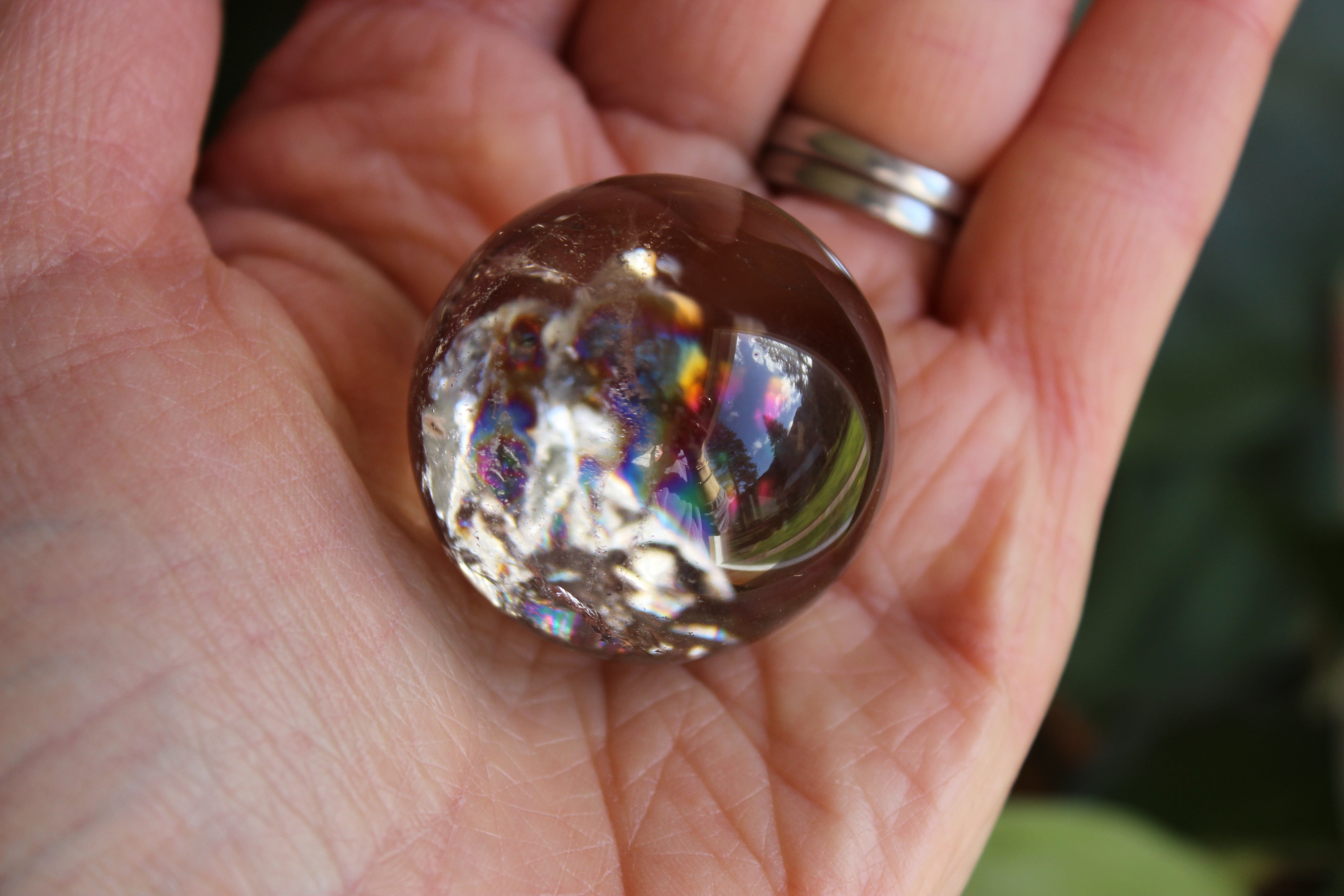 Smoky quartz sphere with rainbow inclusions 2, new