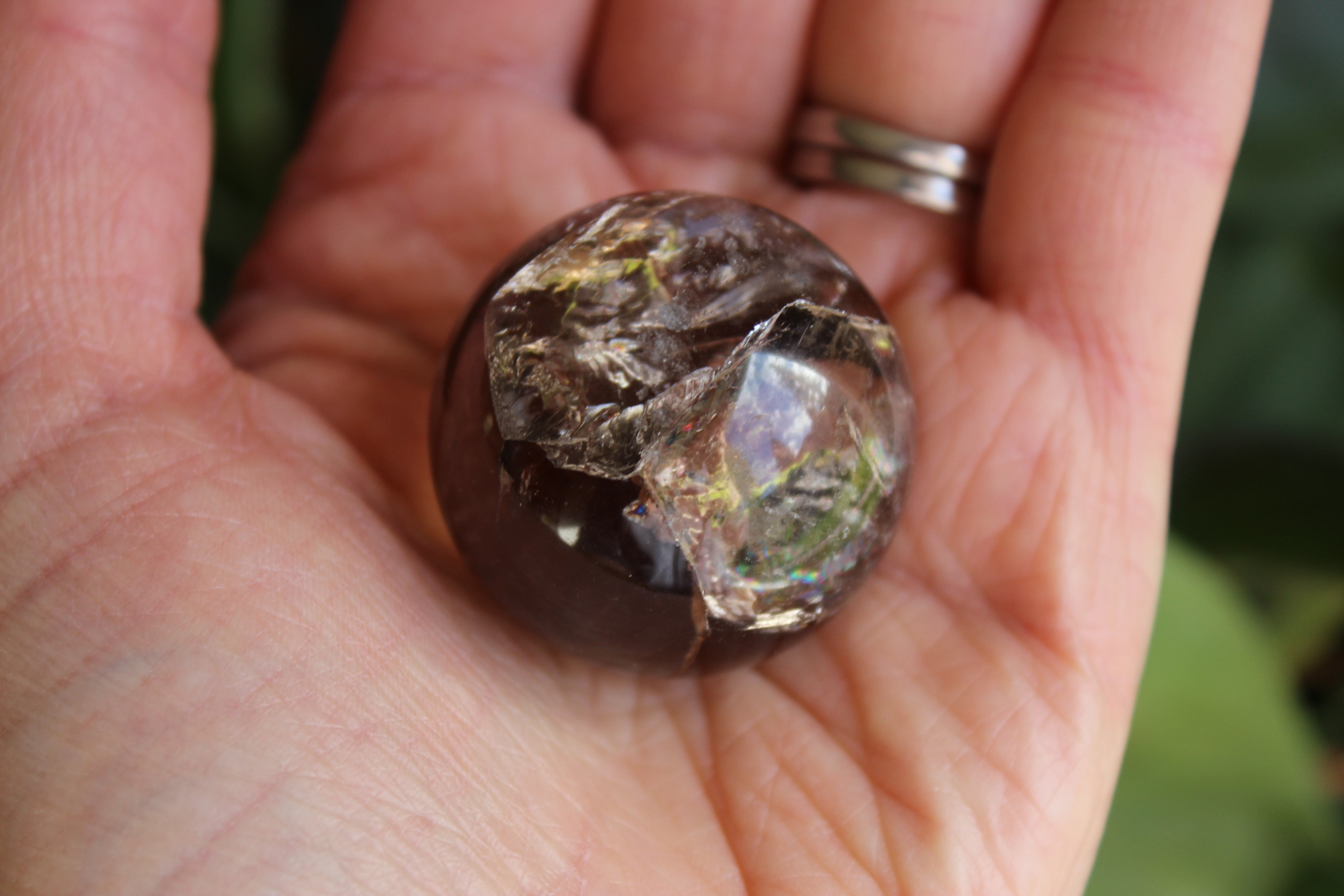 Smoky quartz sphere with rainbow inclusions 3, new