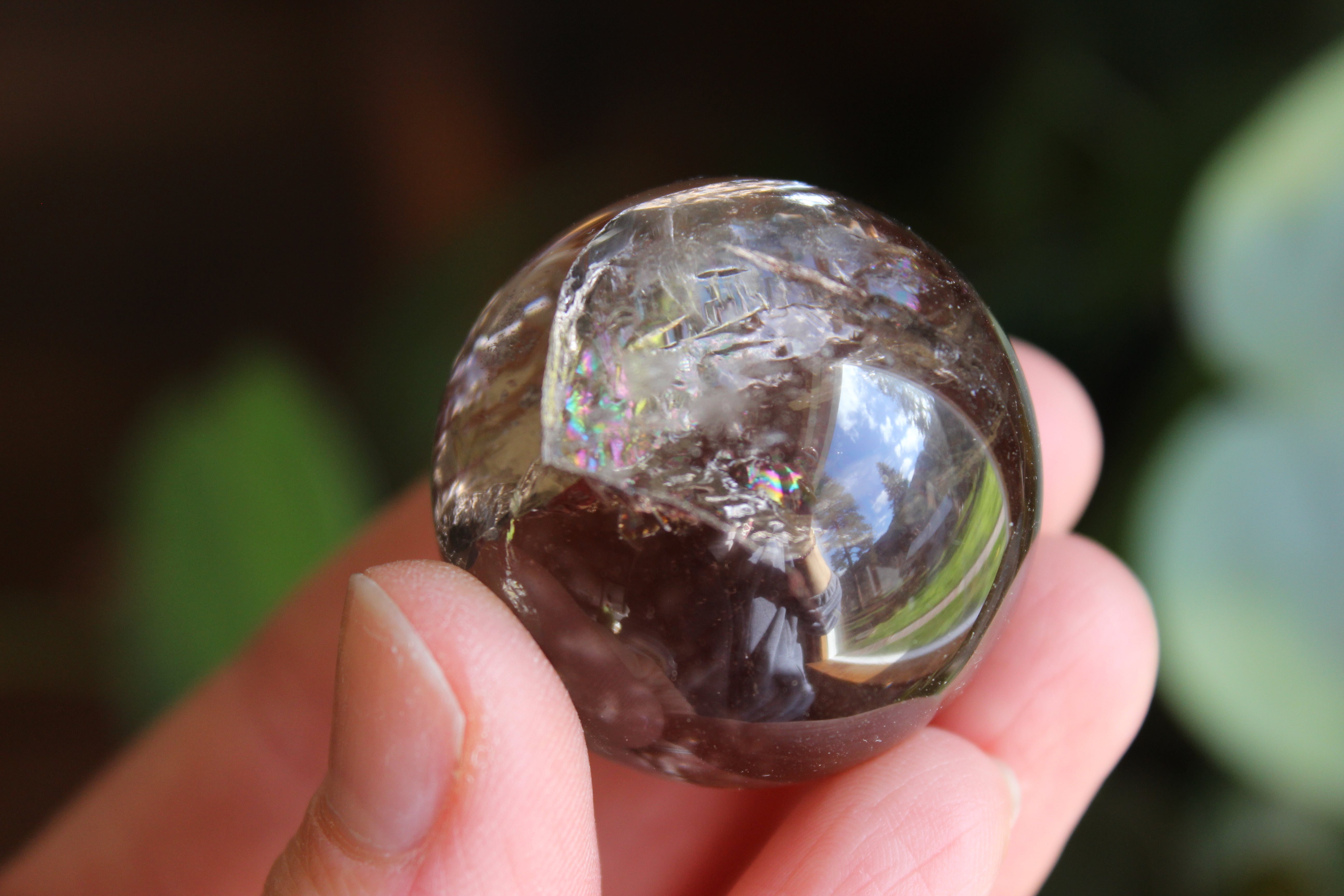 Smoky quartz sphere with rainbow inclusions 3, new