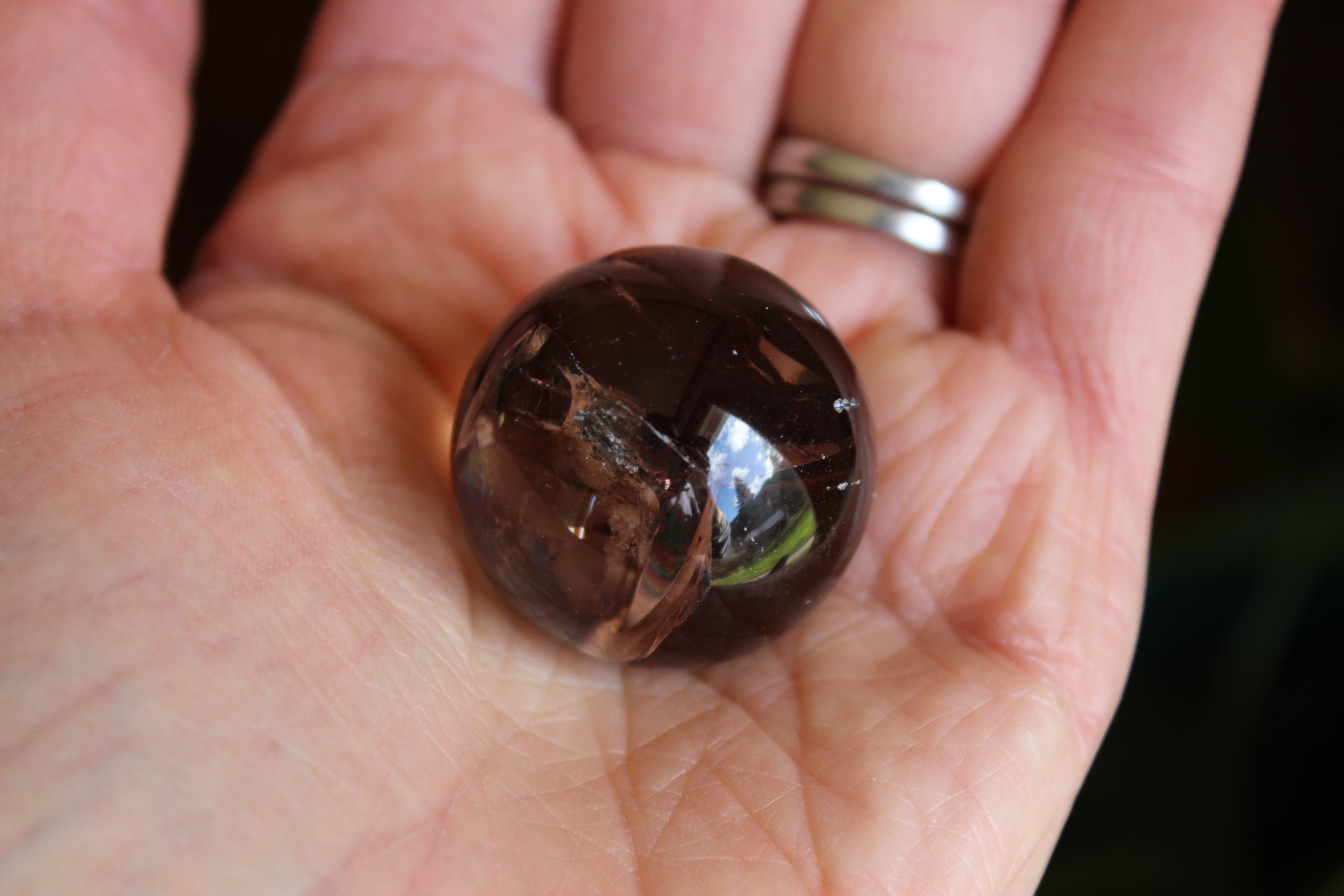 Smoky quartz sphere with rainbow inclusions 4, new