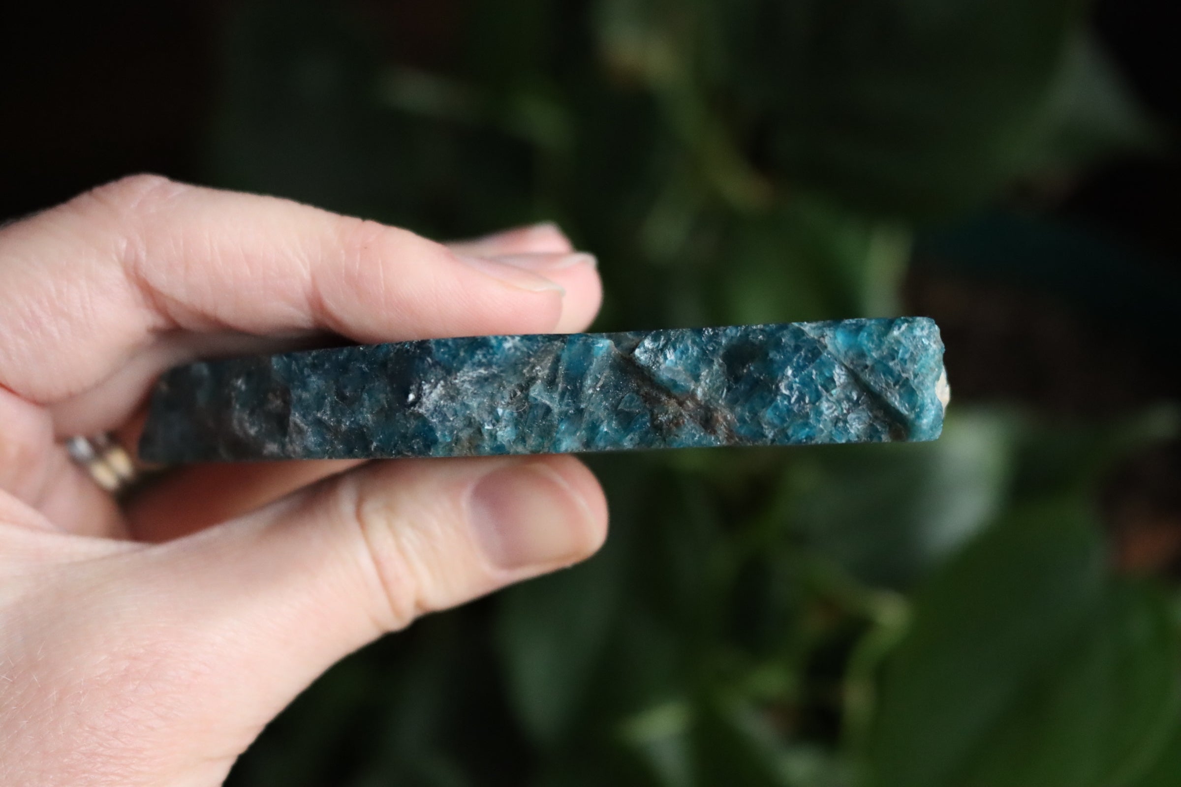Semi polished blue apatite slab 1