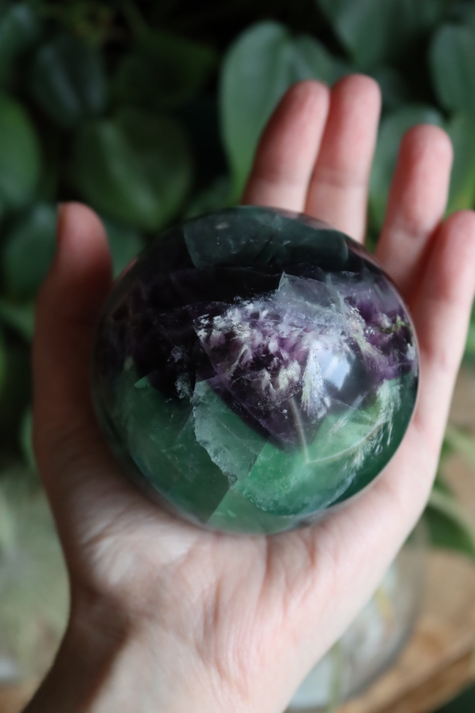 Fluorite sphere with calcite snowflakes 4