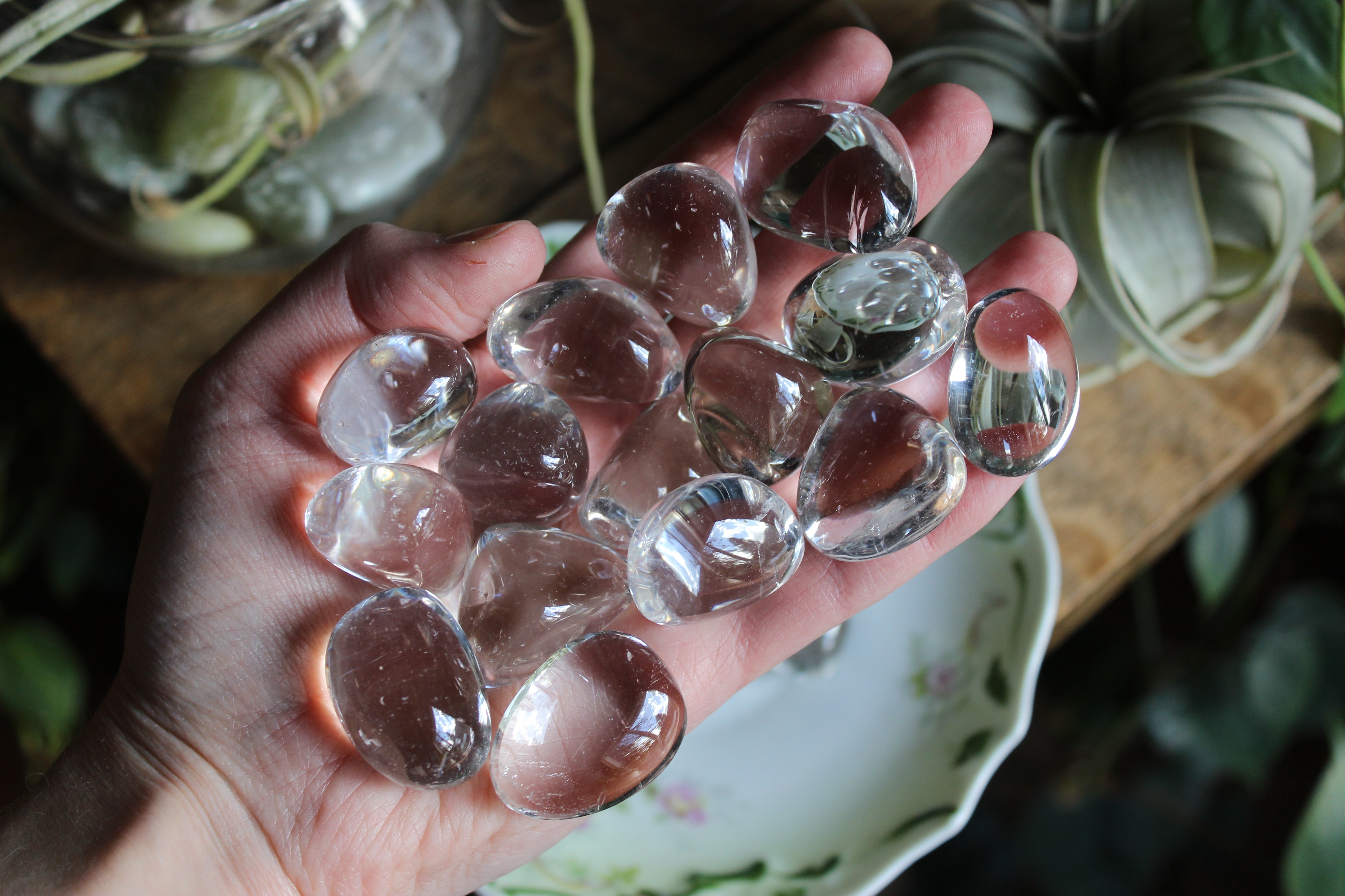 Medium high grade clear quartz tumbled stone