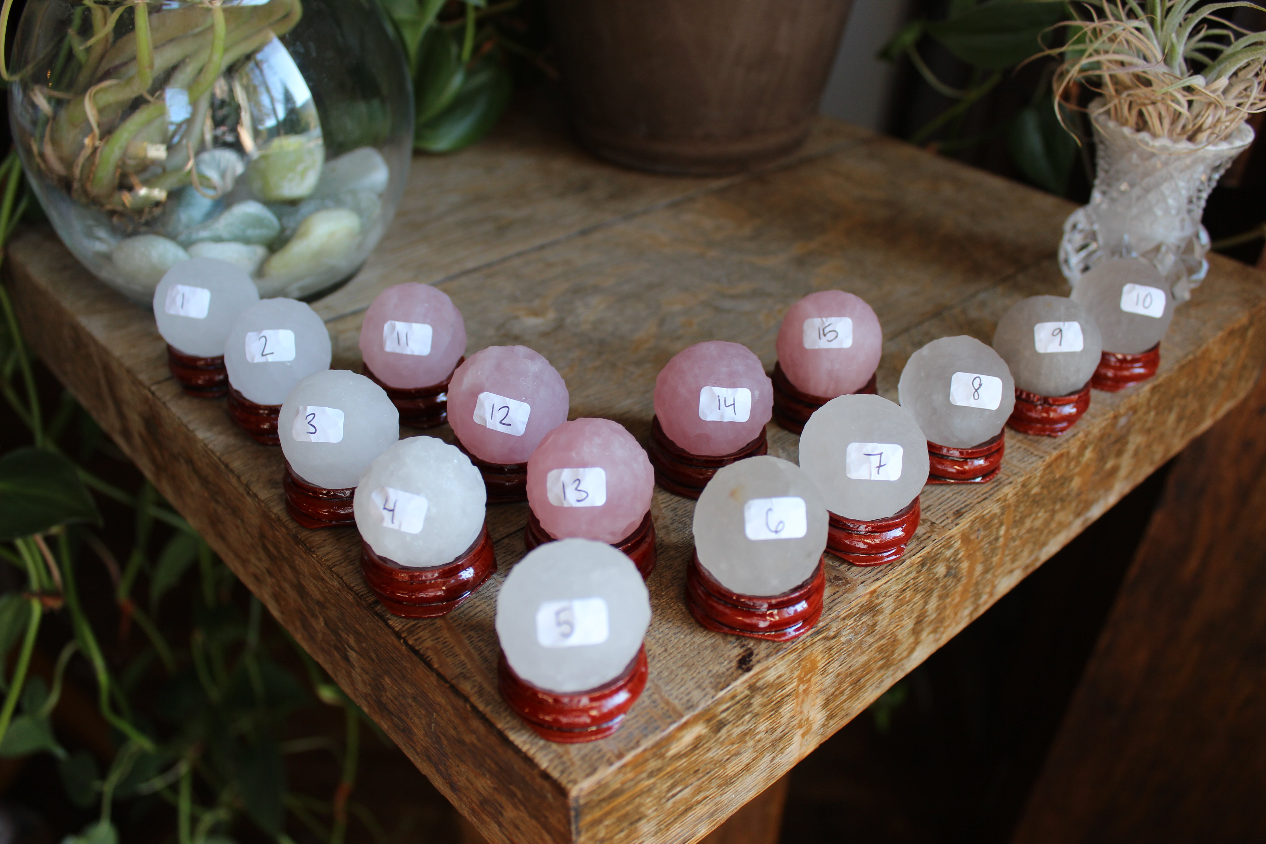 Rose, clear, and smoky quartz moon sphere