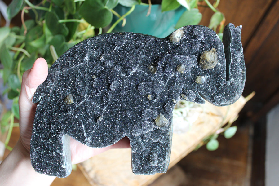 Black amethyst with calcite elephant 1 sale